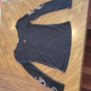 Black long sleeve wool blend top with embroidery
